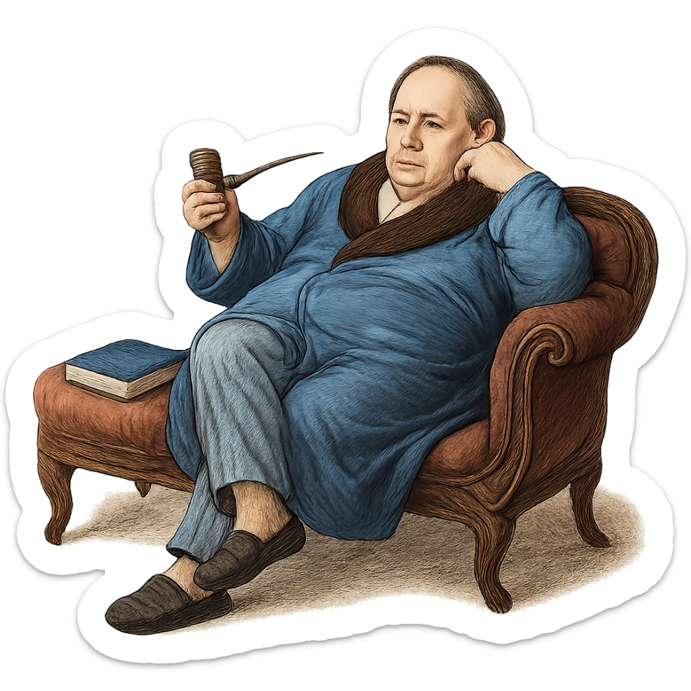 Герой Обломова в слегка рисованном, но при этом реалистичном и объемный стиле,  со слегка растерянным видом в дорогом халате развалился на дорогой кушетке 19 века, прозрачный фон sticker