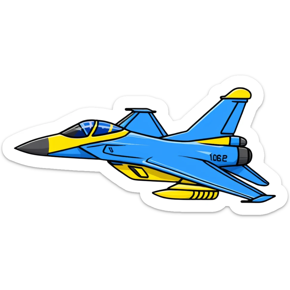 Modern Ukrainian fighter aircraft with blue and yellow flag colors, combat plane sticker