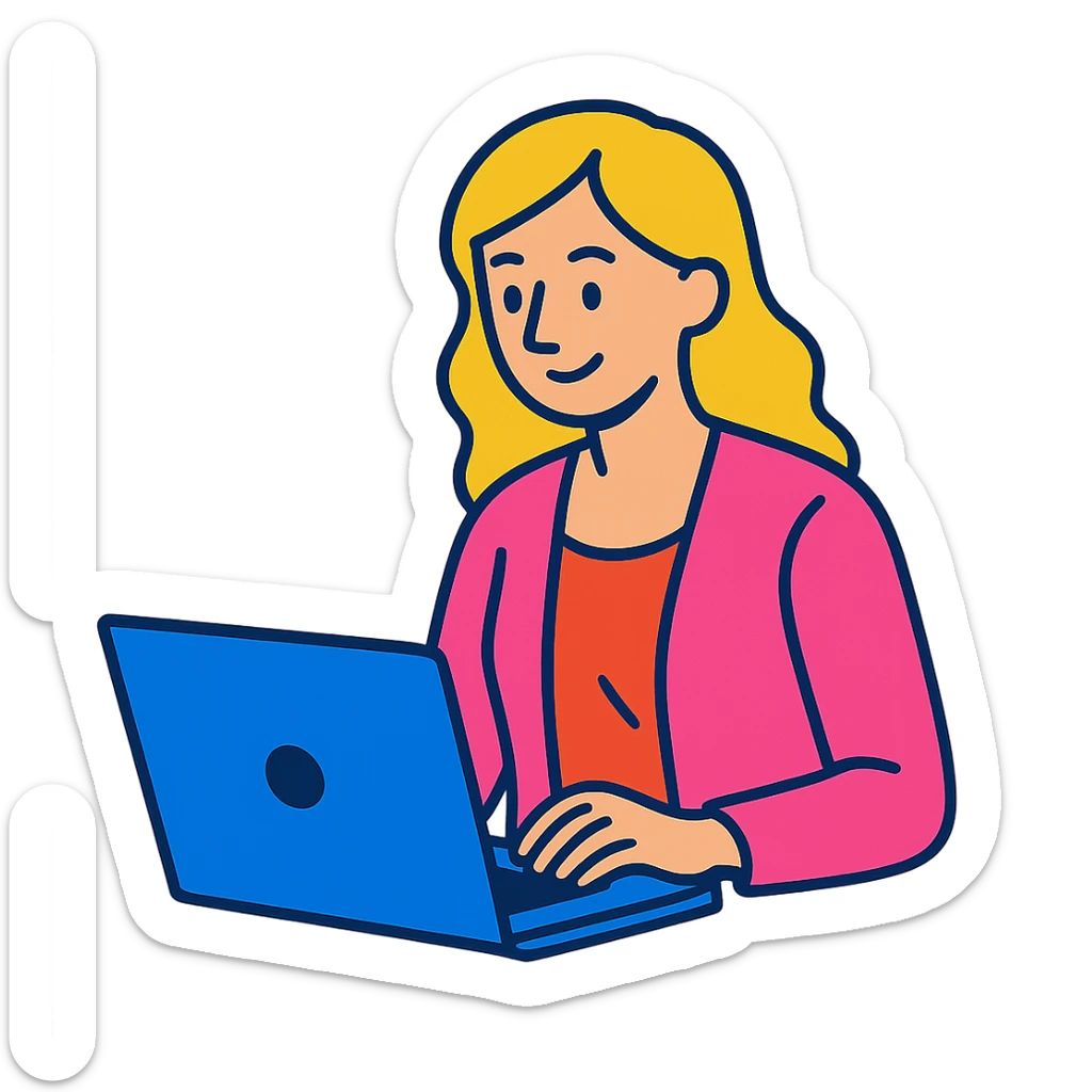 blonde woman in a pink cardigan working on a laptop sticker