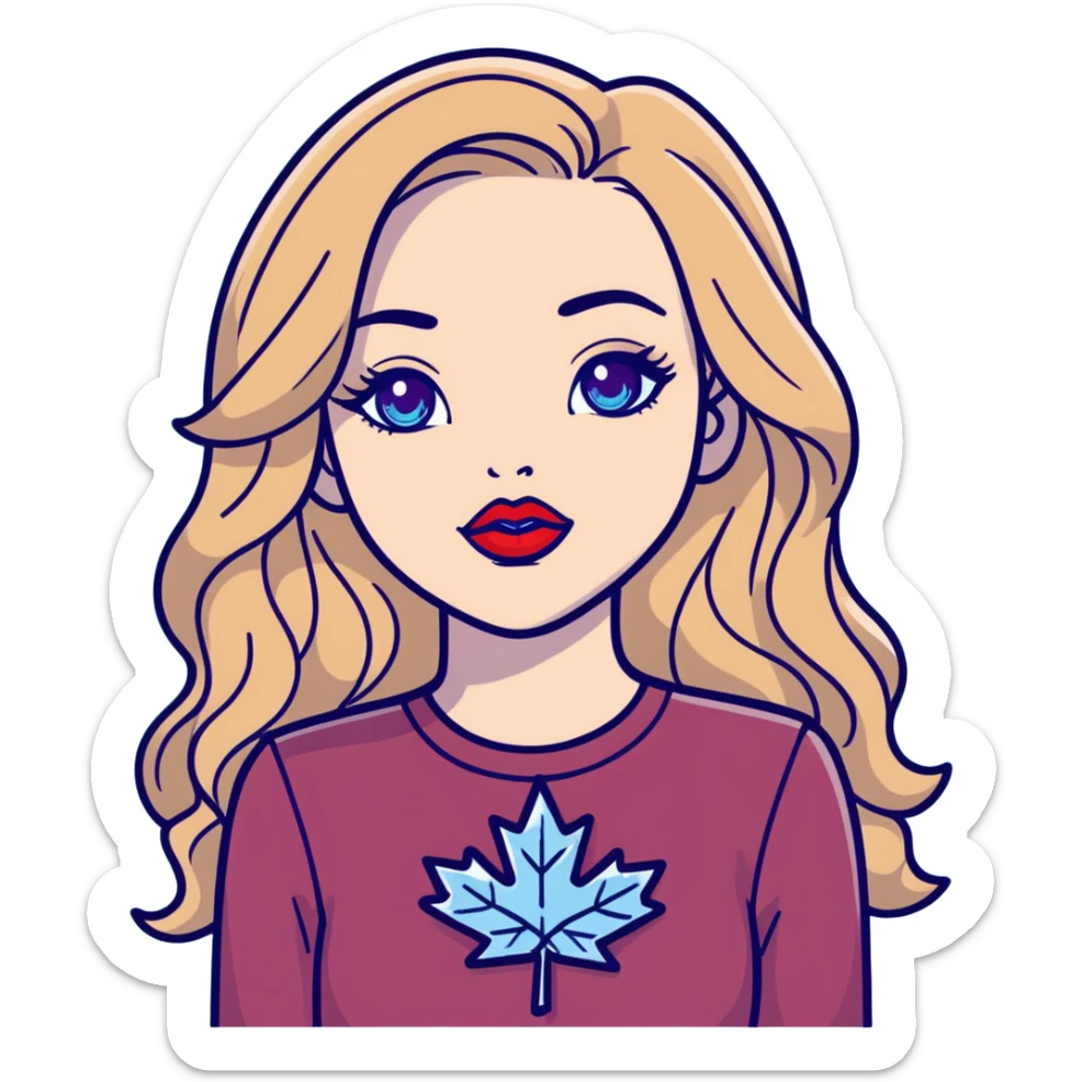 Pale skin wavy long brown hair blonde highlights very light blue crystal eyes big  lips wearing bright red lipstick female wearing a black long sleeves the phrase "canadian chick's" in red purple on front and maple leaf red earrings sticker