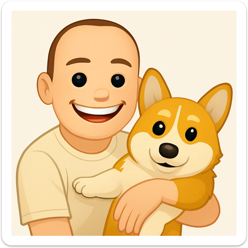 Make the man in the illustration smile, keeping the corgi dog, in the style of apple emojis. sticker