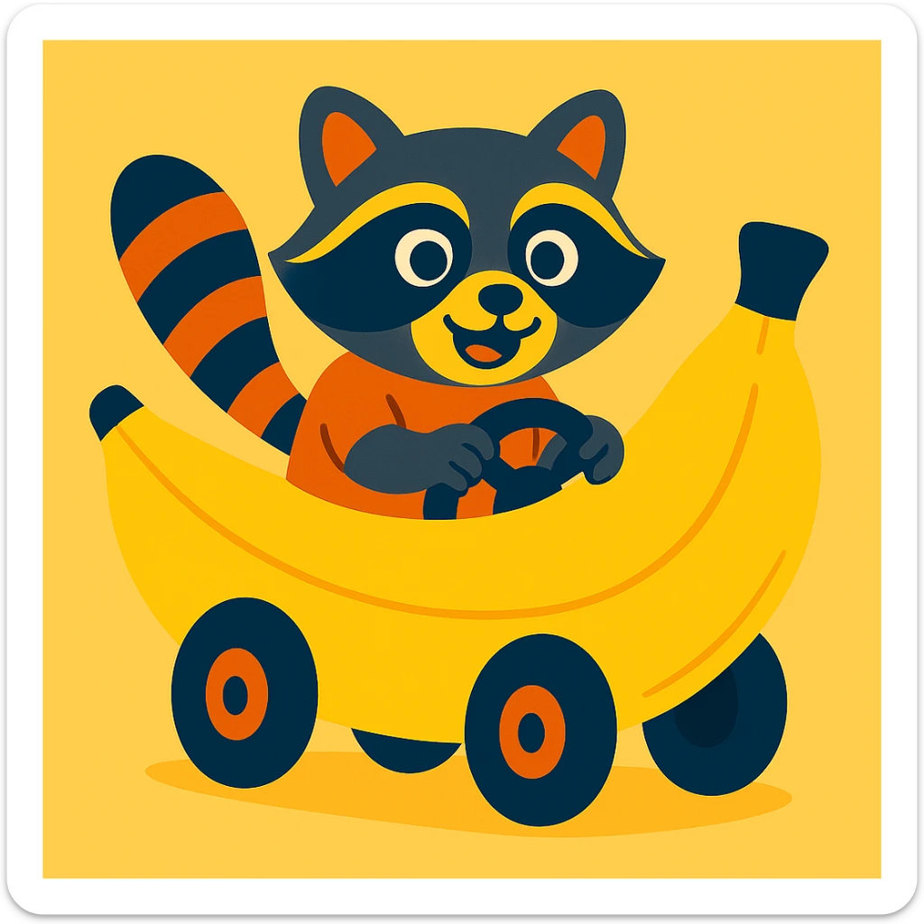 Change the car to a banana, keep the raccoon driving, in vibrant toon style. sticker