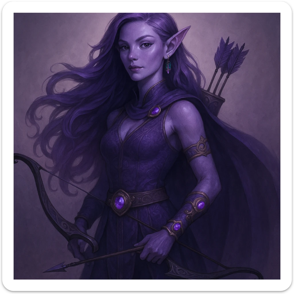 purple fantasy elf archer, standing confidently, long flowing hair, enchanted accessories sticker