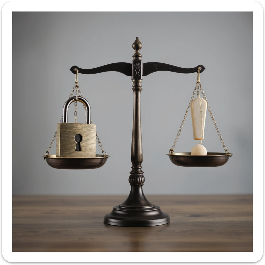 security and risk management, scales balancing a lock and exclamation mark, professional style sticker