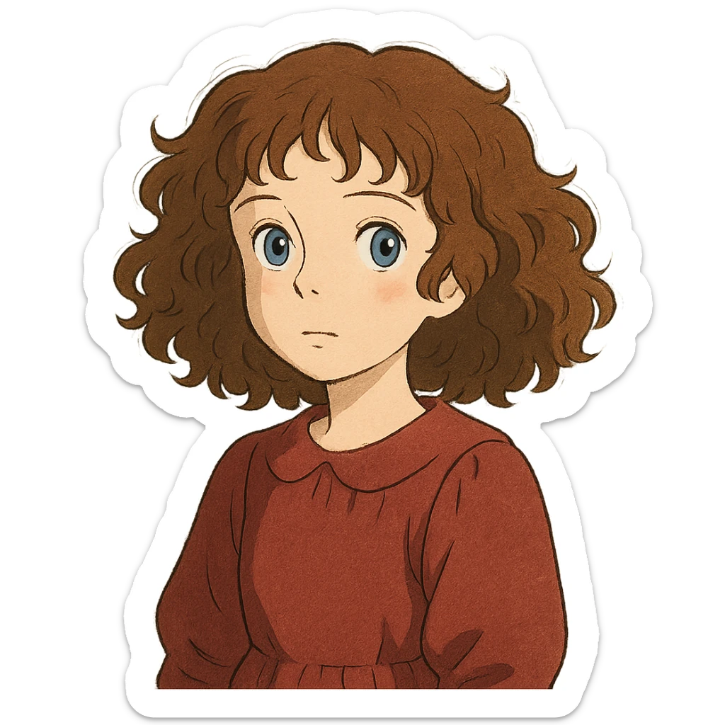 a girl with curly hair, pale skin, and blue eyes, ghibli-inspired style sticker