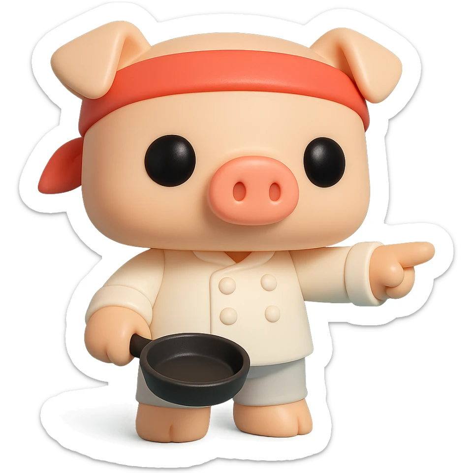 A Funko Pop-style pig chef pointing to the right, wearing a red bandana and holding a frying pan, cartoonish and cute. sticker