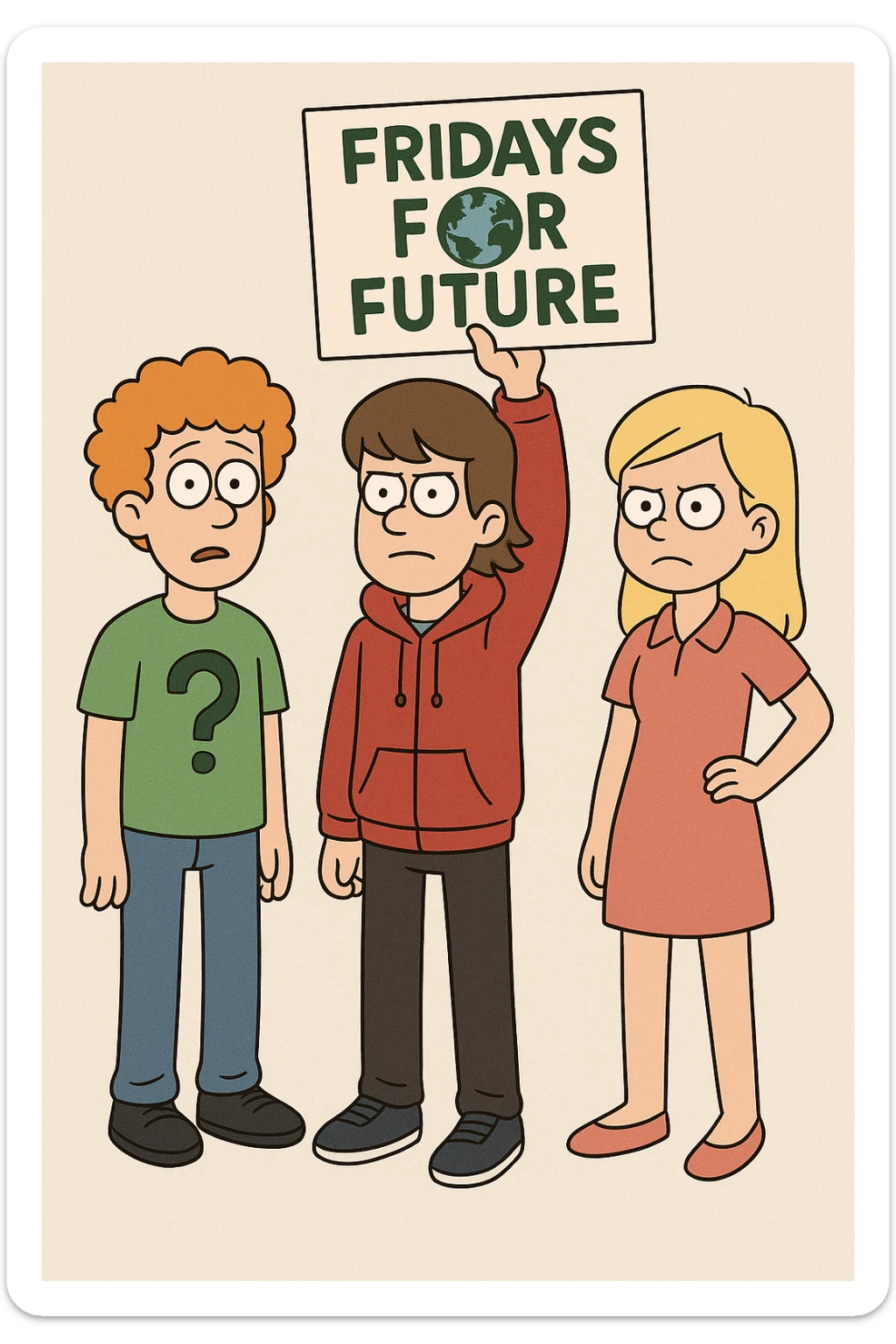  Fridays for Future a boy orange curly hair green question t-shirt jeans black shoes boy brown Hockey Hair red hoodie black trousers navy blue trainer shoes girl yellow hair with shirt dress pink shoe boy Yellow Orange hair blue jackets hoodie dark blue jeans white shoe  sticker