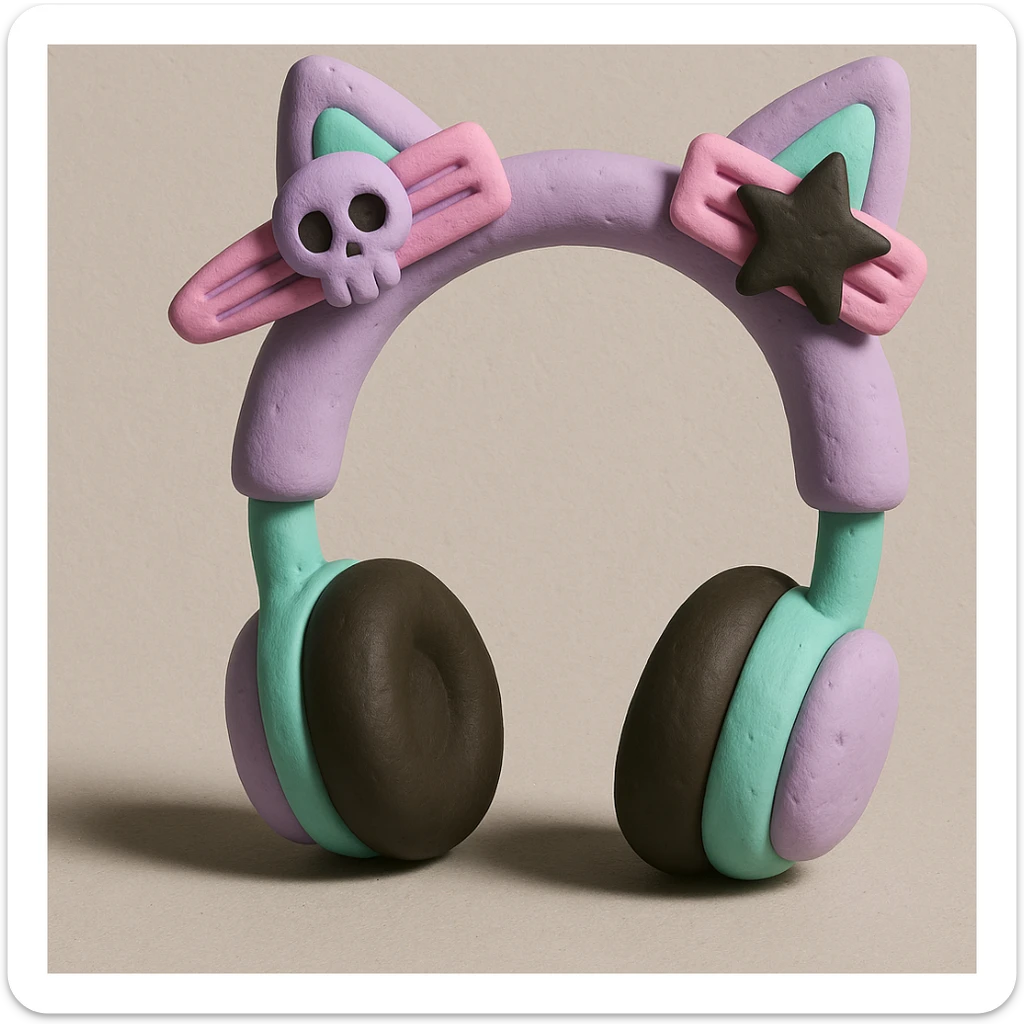 Add cute pastel goth hair clips to the cat ear headphones, keep the style and background as is. Maintain the original look and feel of the image. sticker