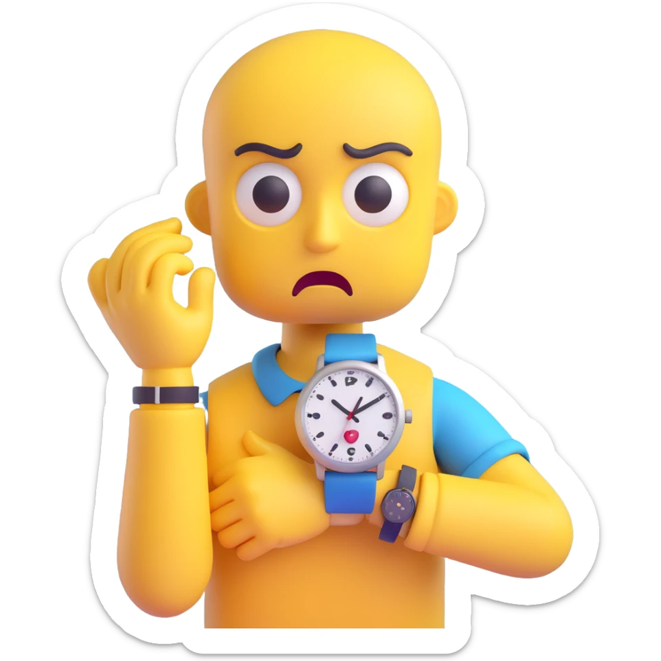 A yellow emoji face with a worried expression, looking at a wristwatch with raised eyebrows, showing urgency and stress sticker