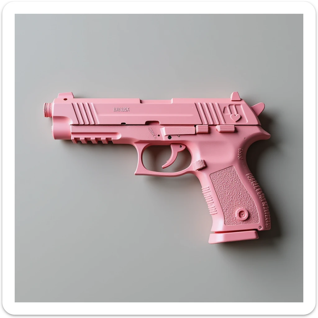 photorealistic pink pistol with a vintage, slightly worn look, no heart shapes or motifs, white background sticker