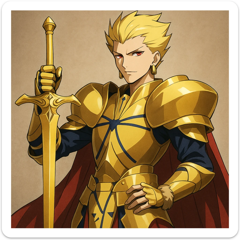 Gilgamesh from Fate anime, holding golden sword, red eyes, regal pose, anime style sticker