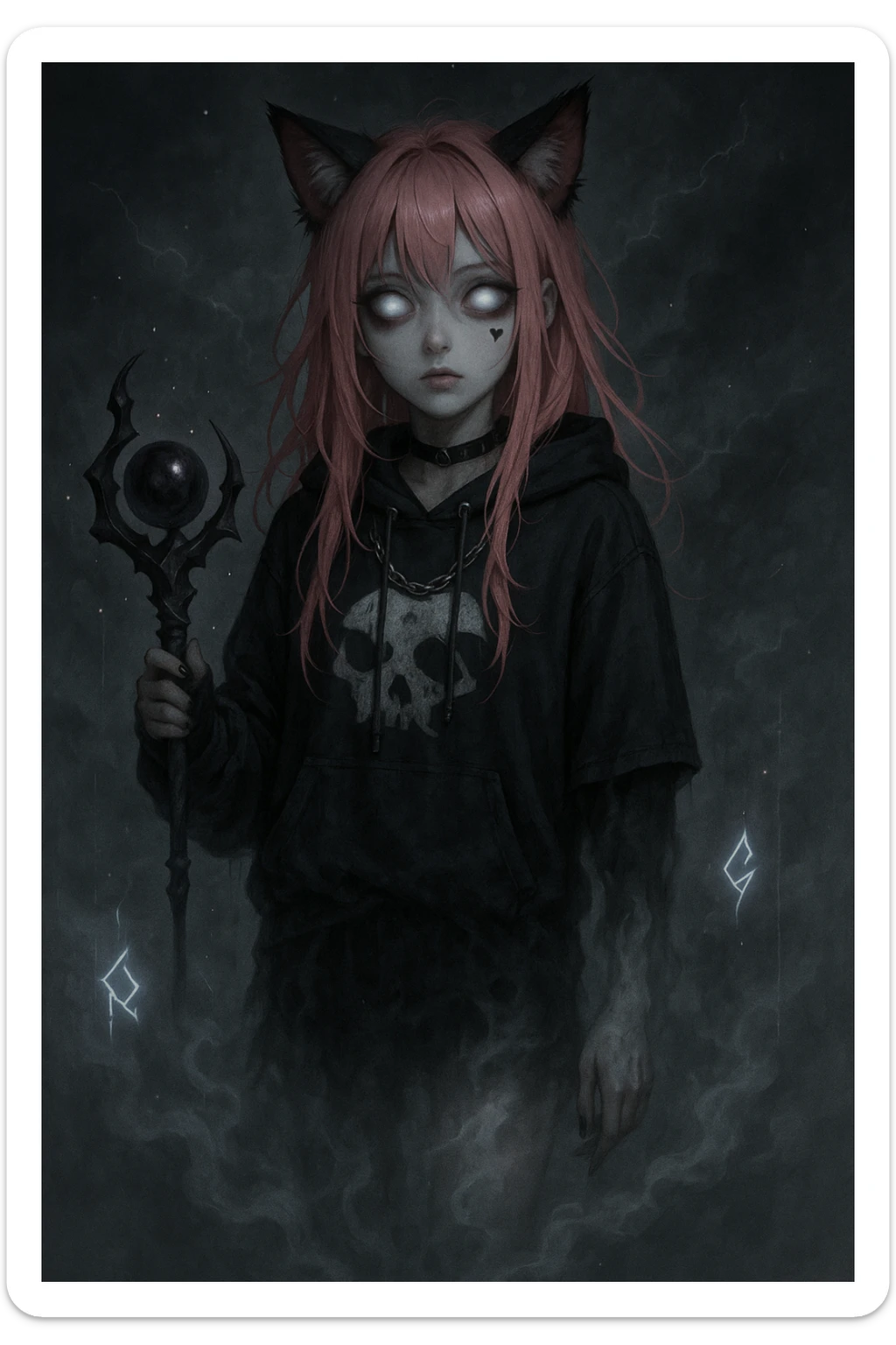 realistic anime catgirl with pink hair, emo streetwear, heart tattoo under left eye, dark magical accessory, sparkles, stormy background, ghostly horror look with half-disappeared body, glowing runes, and mist swirling around her legs sticker