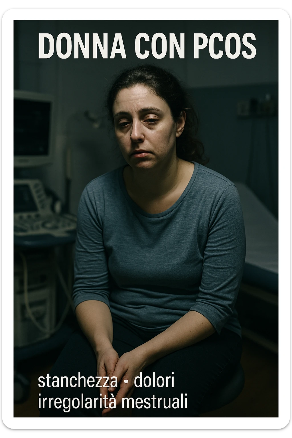 Donna con PCOS in evidente stato di debilitazione, volto stanco, postura affaticata, ambiente medico, luci drammatiche, dettagli realistici, didascalie in italiano, verticale 2:3 sticker