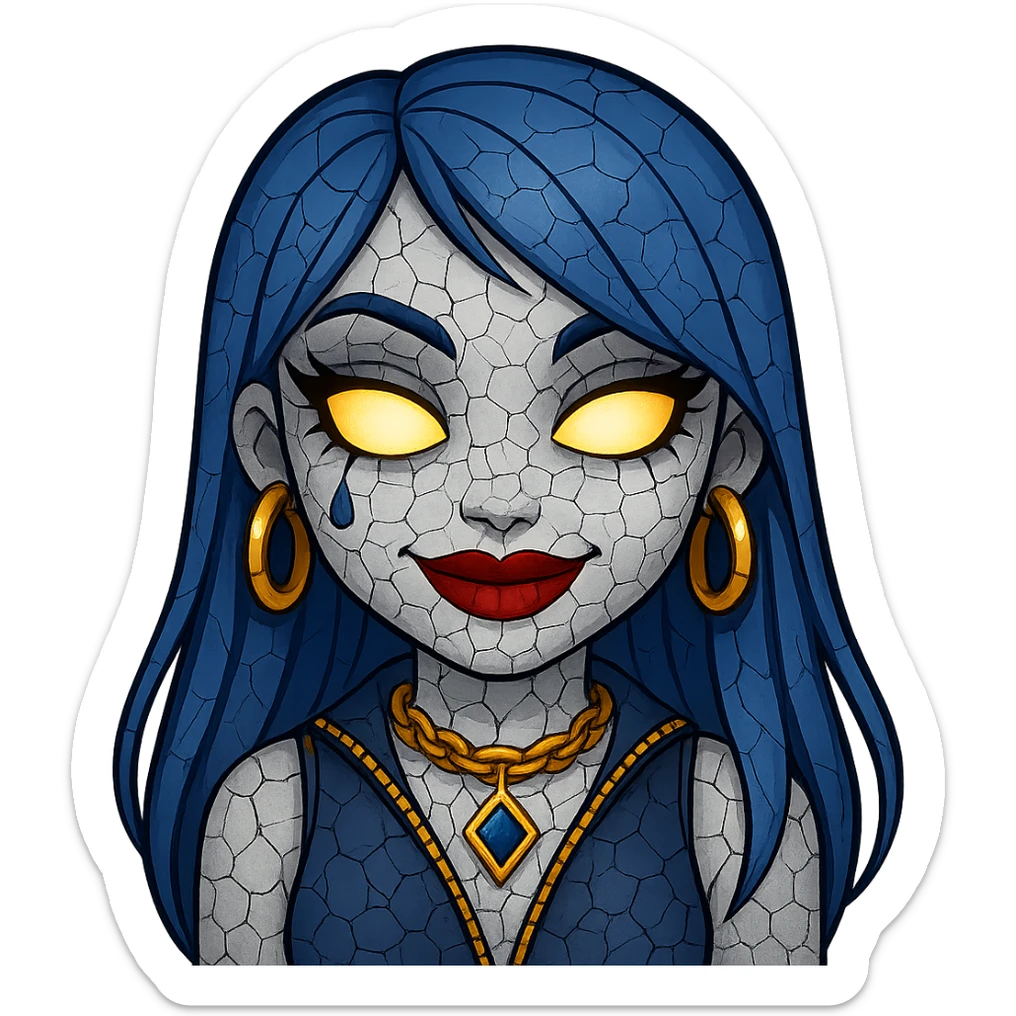 Add cracked porcelain effect to the emoji, keep glowing eyes, creepy gyaru style, blue hair, pretty makeup, bratz baddie vibe, emoji style, with no background. sticker