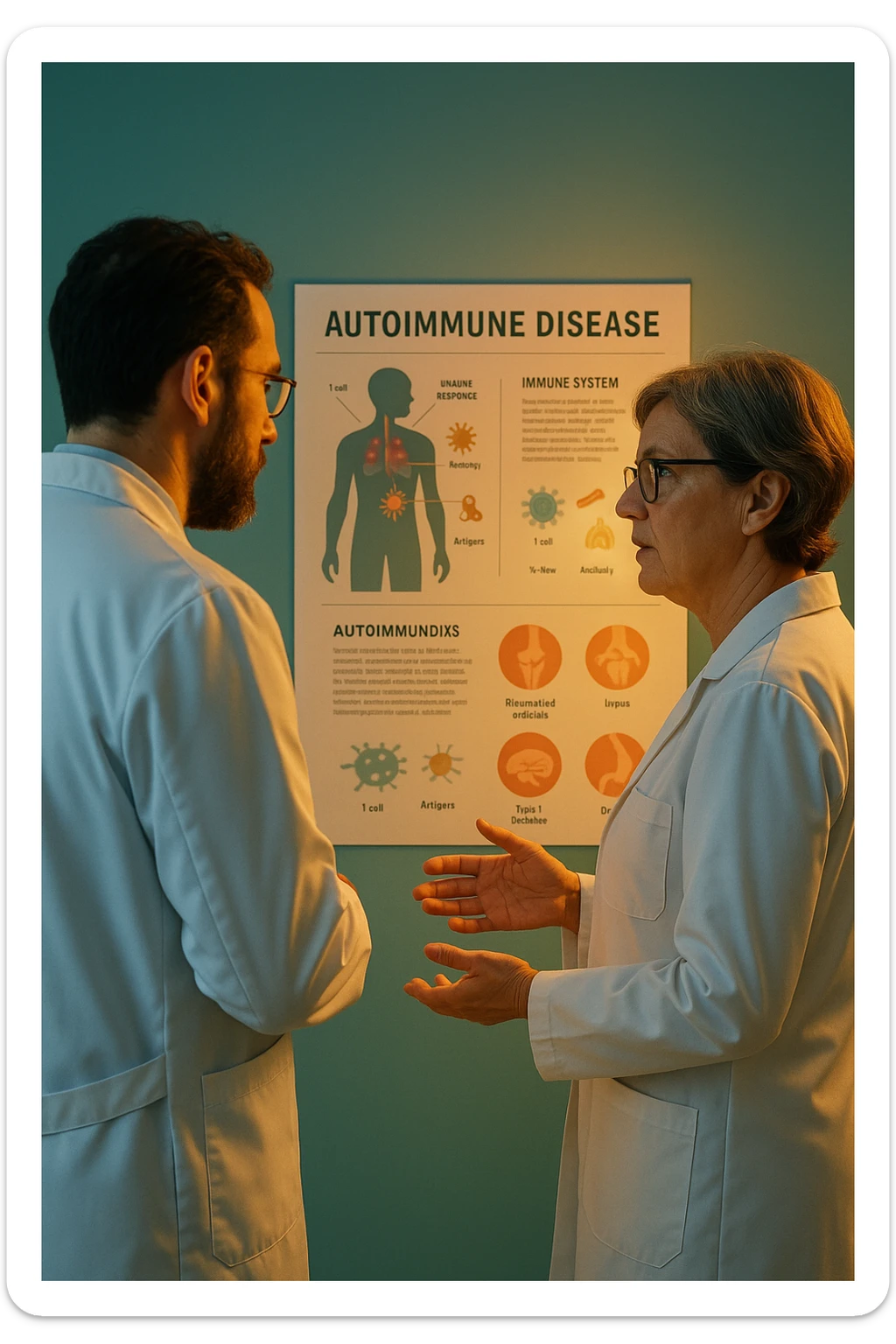 Realistic, detailed photo taken from behind of two doctors—a bearded man and a middle-aged woman—standing and facing each other as they discuss an autoimmune disease diagnosis in front of a medical chart that displays information about the immune system and autoimmune conditions. The scene is illuminated by a yellowish, orange, warm light that softly envelops the doctors. The entire room is bathed in a single green-blue color, creating a cohesive and modern atmosphere. Both doctors wear white coats, and their body language suggests a serious, professional conversation about the complexities of autoimmune diseases. Shot with a Canon EOS R5, with high detail and natural depth of field. in italiano sticker