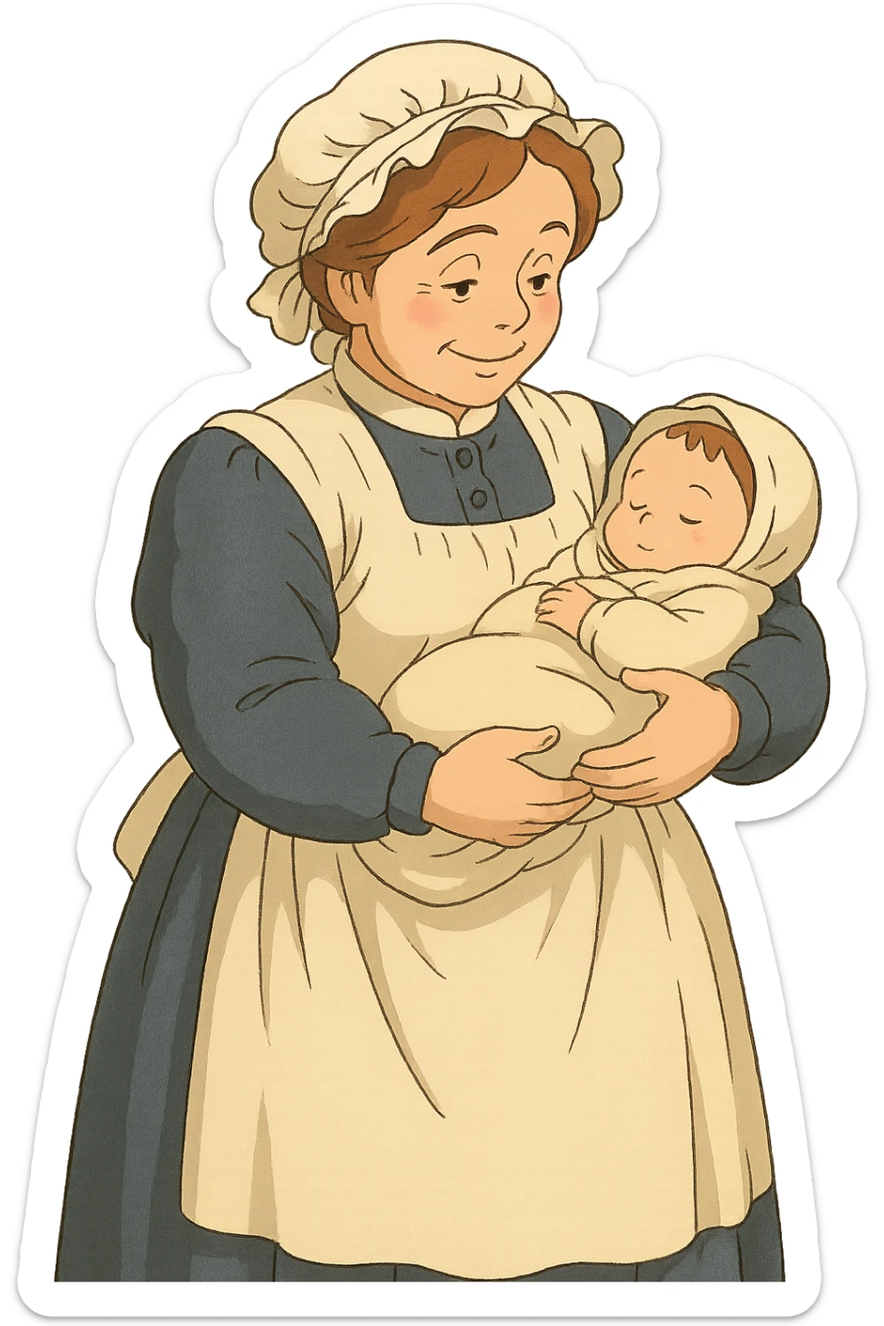 victorian midwife with background holding a baby sticker
