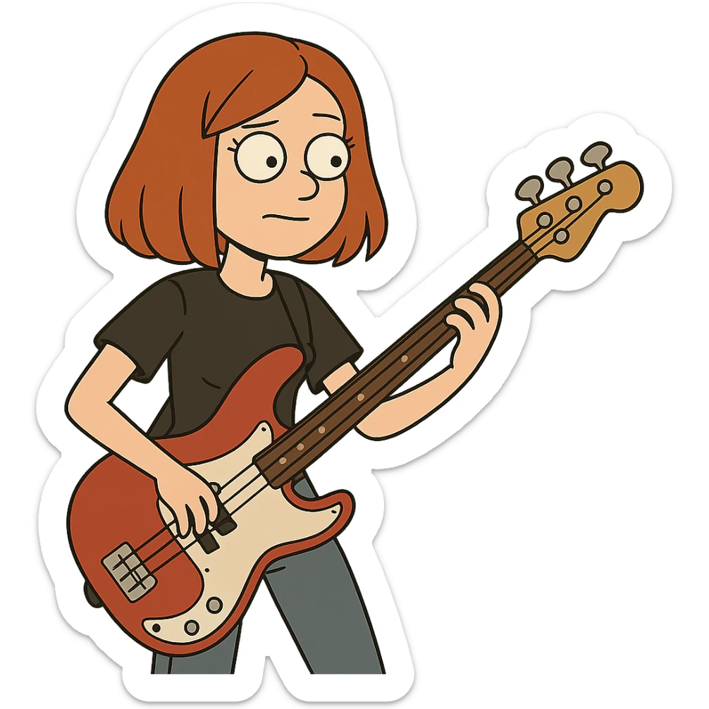 girl with red hair and red bass guitar, long bob hairstyle sticker