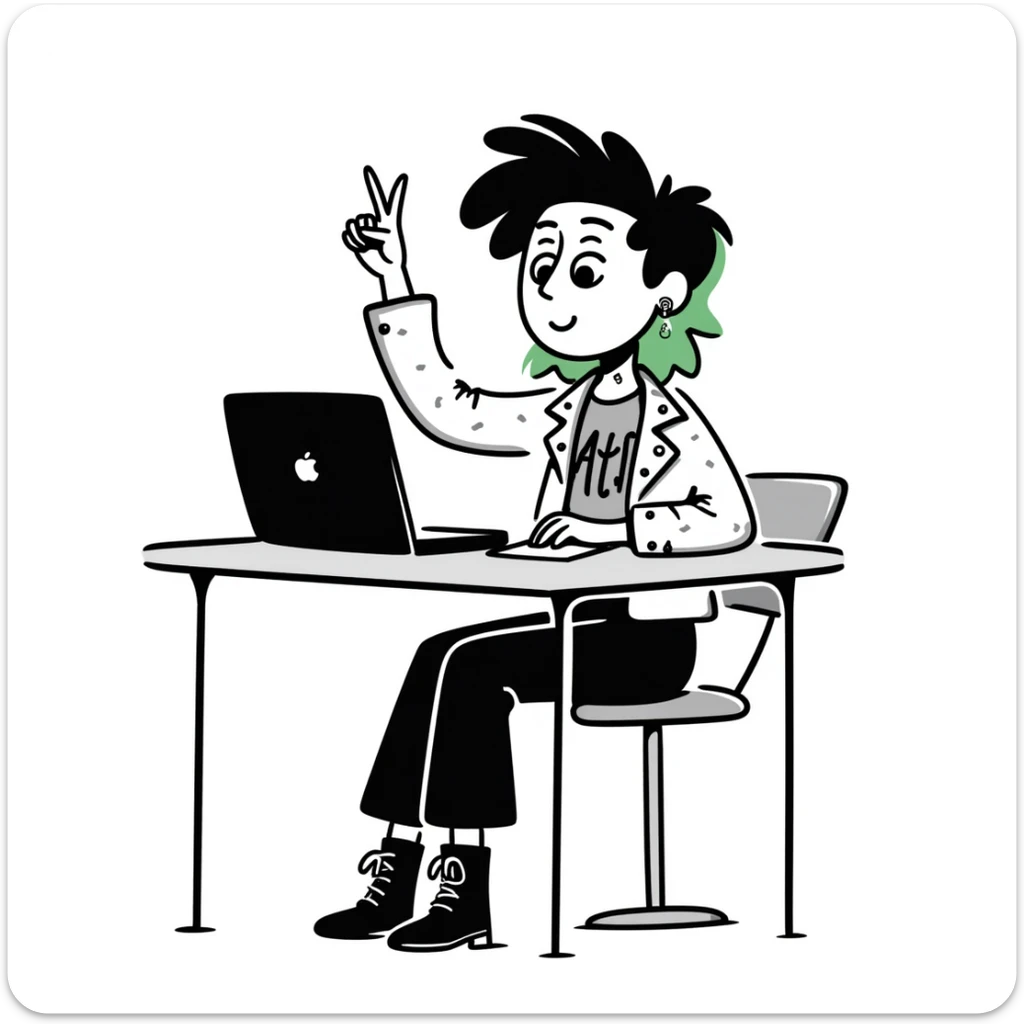 Alternative rocker girl with green and black hair, nose ring, neck tattoo, wearing combat boots and studded leather jacket, confidently raising hand while sitting at desk with laptop in music class sticker