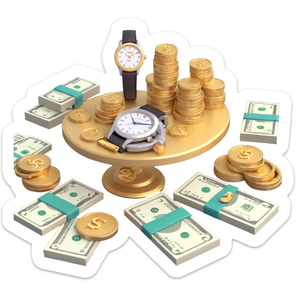modern 3D table with gold and silver jewelry, a high-end wristwatch, and piles of money, realistic style sticker
