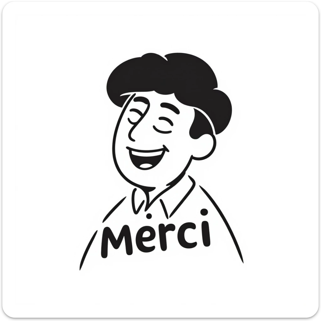 laughing man with black beret, modern look, the word 'Merci' as part of the design, text prominent, hand-drawn notion style sticker