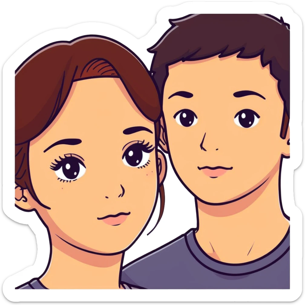 Brunette pale-tan girl with lashes  with a brunette boy pale-tan with freckles  sticker
