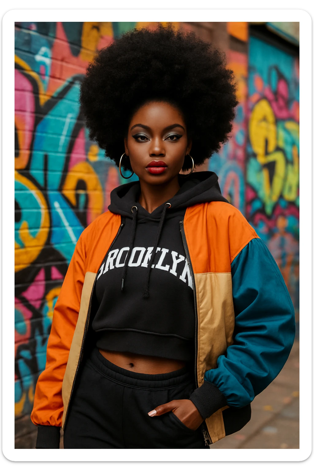 black barbie doll, trendy streetwear, afro hairstyle, bold makeup, stylish attitude sticker