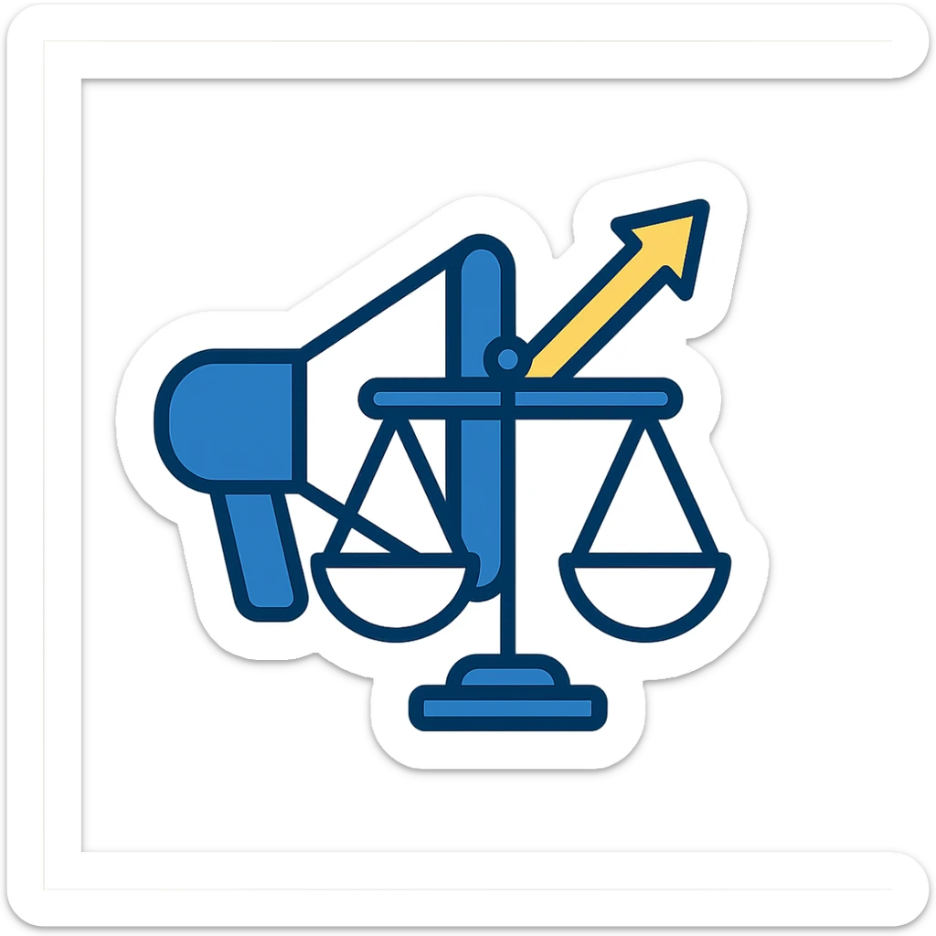 simple professional icon for advocacy consulting firm, combining megaphone and scales of justice, gold accent arrow rising upward, navy blue white gold color palette sticker