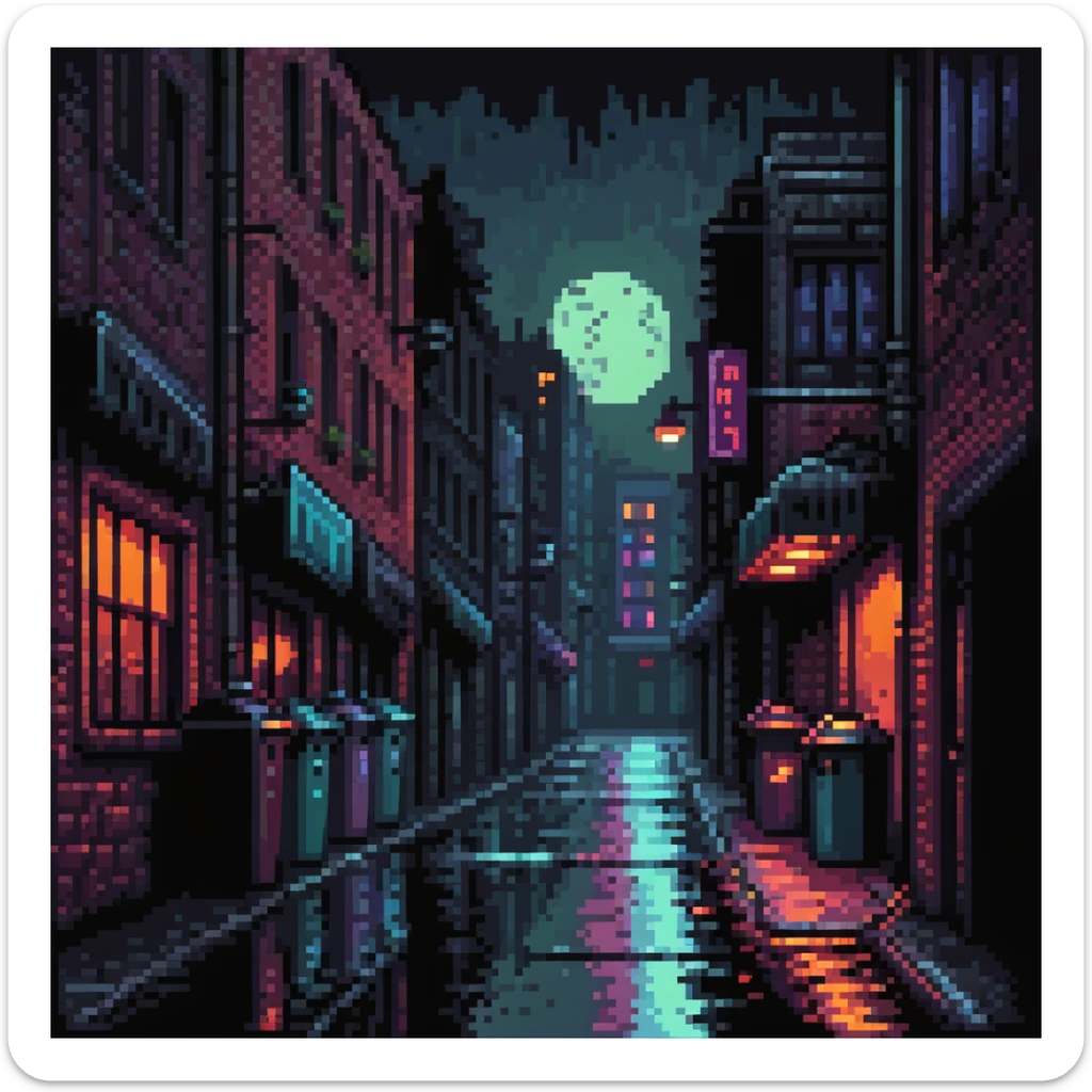 Pixel art background, dark Gotham City alley at night, flickering neon signs, wet asphalt, trash bins, moody streetlight, silhouettes in windows, Sega fighting game style
 sticker