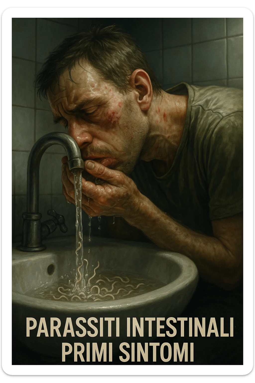 vertical realistic cinematic illustration of a man drinking water from a faucet, water visibly containing intestinal parasites, early symptoms of illness visible, clinical atmosphere with dramatic lighting, Italian captions, aspect ratio 2:3 sticker