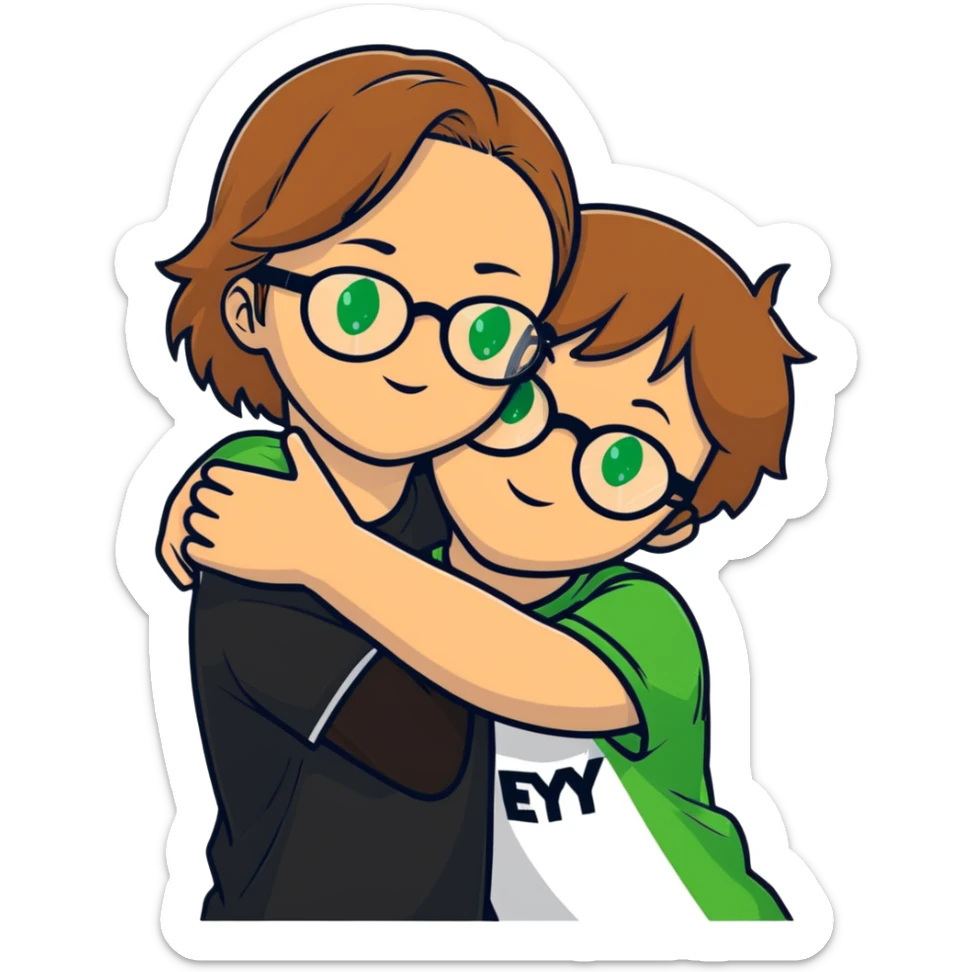 a girl with light brown hair and green eyes, wearing black round glasses, hugging a boy with light brown hair and dark green eyes, both people in white T-shirts sticker