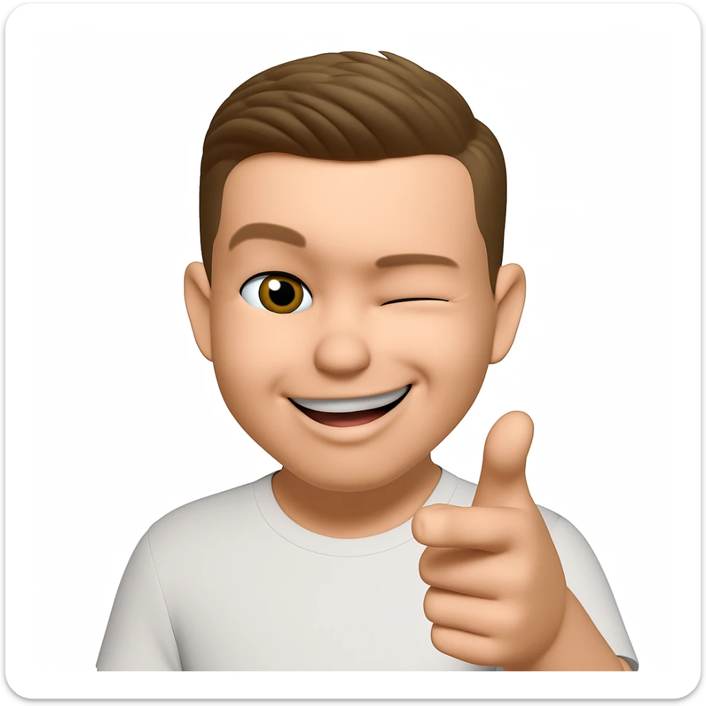 Based on these photos, make an emoji with facial features preserved, a man in a white T-shirt, winking, pointing forward sticker