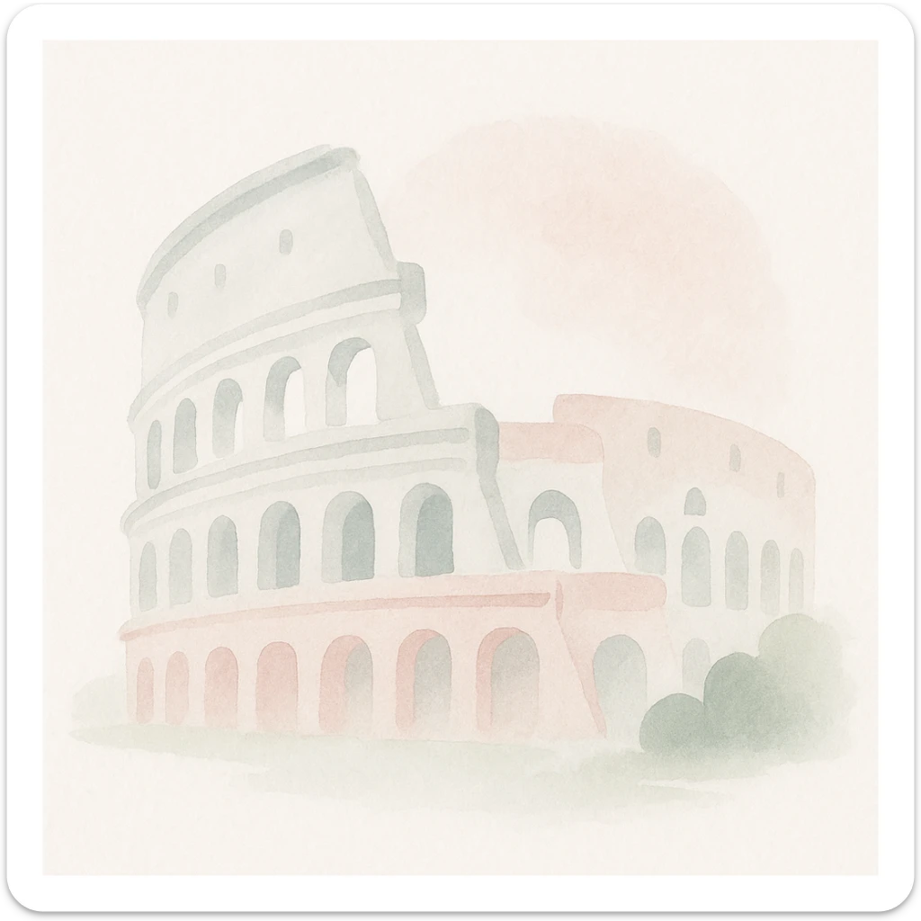 Colosseum in watercolor style with white, green, and pink pastel tones sticker