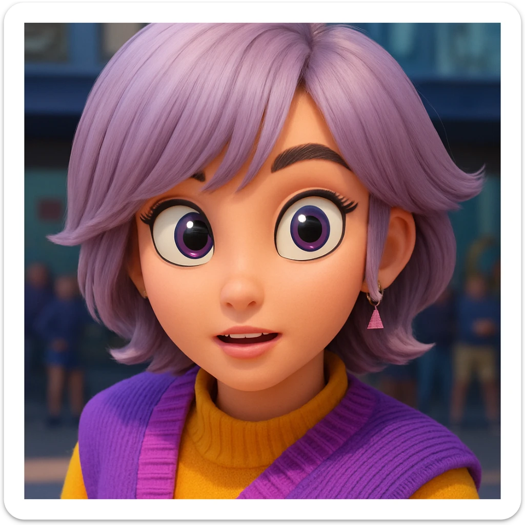 Move the hair away from the face to reveal the eyes, and add large, expressive cartoon eyes that match the character's cartoon style. Keep the rest of the image unchanged and maintain a cartoonish quality. sticker