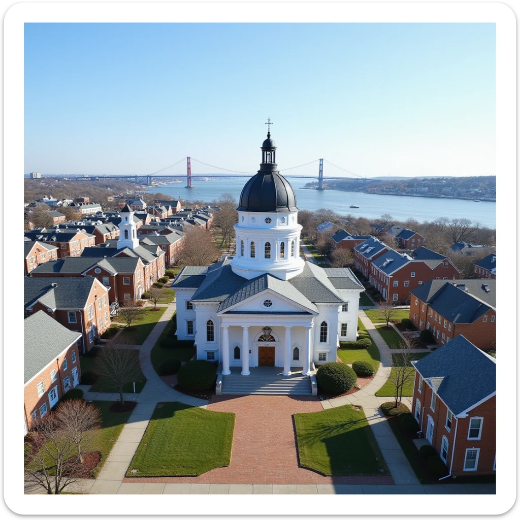 photorealistic emoji of Annapolis, panoramic cityscape with Maryland State House, Naval Academy Chapel, Ego Alley, St. Anne's Church, Kunta Kinte-Alex Haley Memorial, Chesapeake Bay Bridge in the distance, realistic detail, accurate colors, bright daylight, no sky, no clouds, transparent background sticker