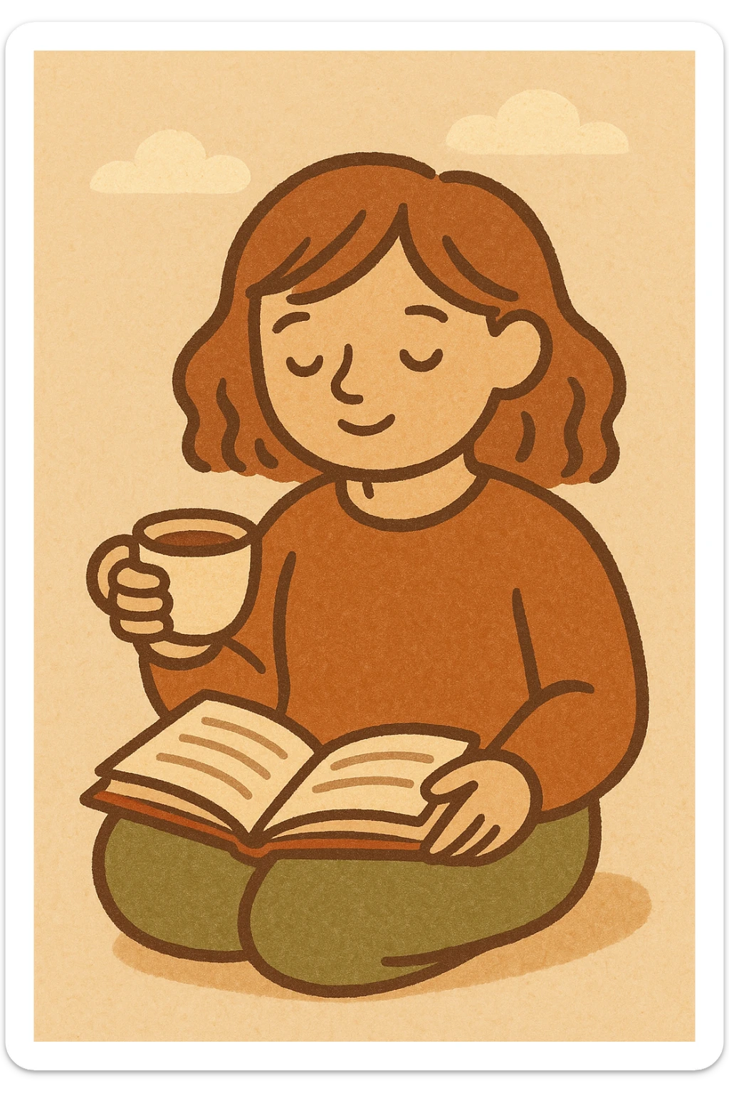 girl reading a book and drinking tea, minimal flat style, warm colors sticker