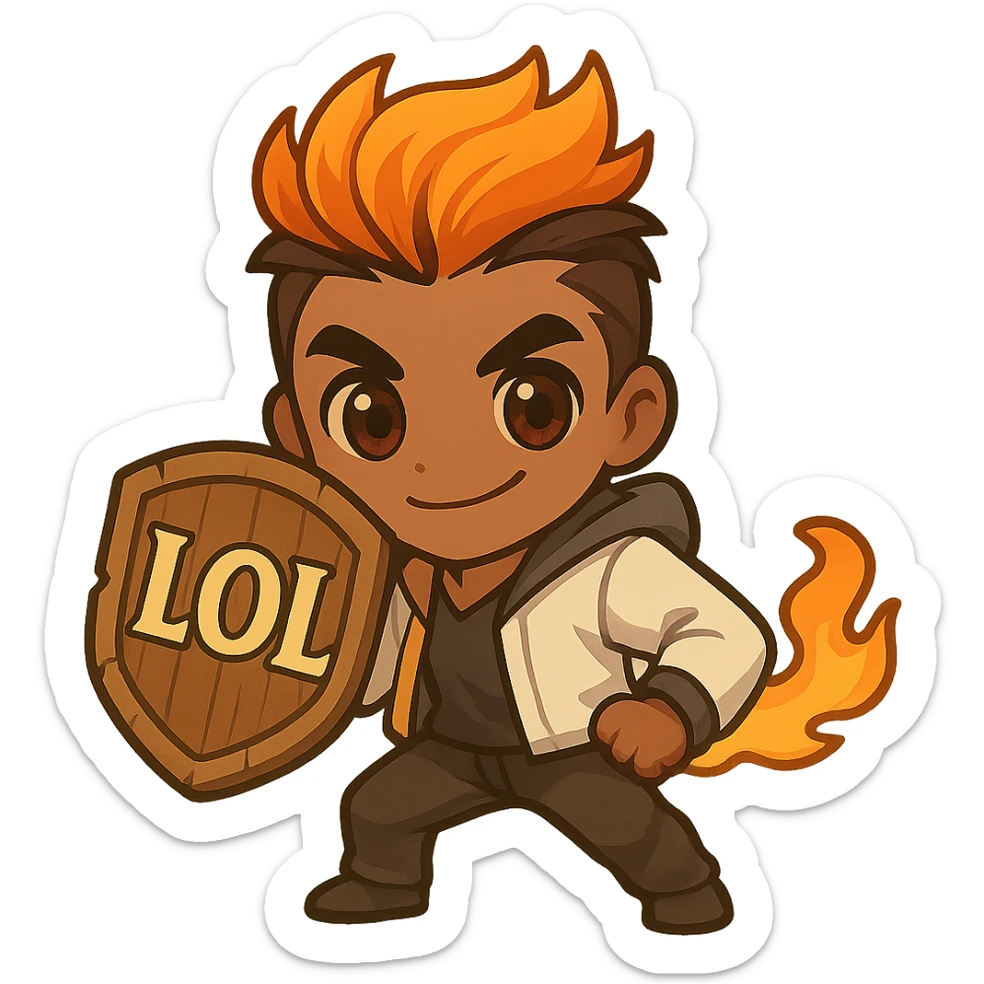 Brighten the eyes of Phoenix (Valorant) in chibi style to make them livelier and less black, with large friendly anime eyes showing visible pupils and light reflections. Keep the fiery hair, confident pose, and comic-style wooden shield with 'LOL' in bold, clear, slightly ornate lettering. Maintain clear lines and an energetic vibe. Keep the background transparent. Emoji compatible at 128x128 px. sticker
