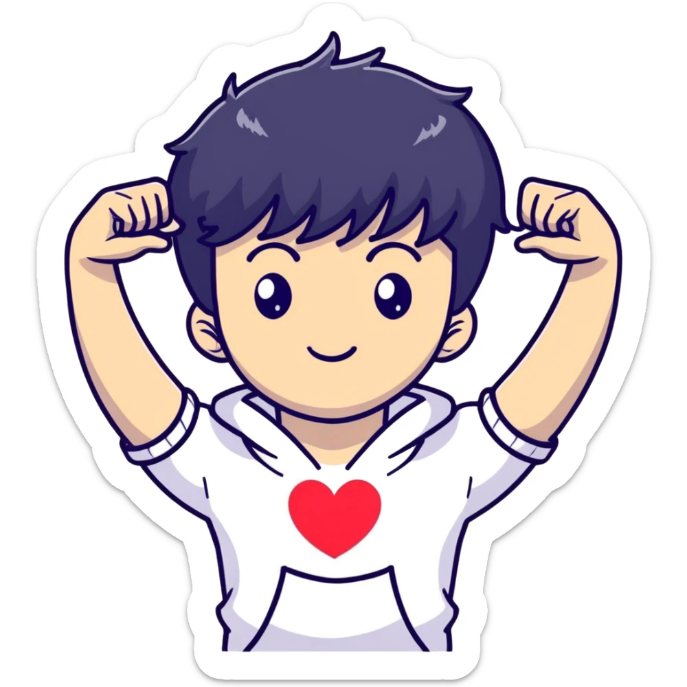 Black-haired male idol with arms forming heart shape above head, arms curved in heart outline, K-pop style sticker