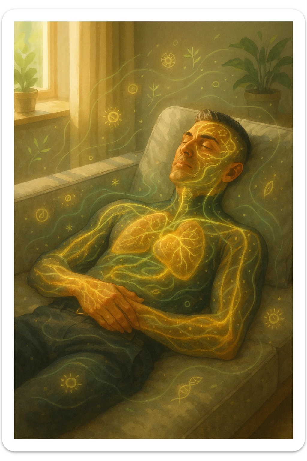 Uomo sdraiato su un divano nel primo pomeriggio, mentre fa un breve riposino. Il suo corpo appare parzialmente trasparente o stilizzato, con luce calda e flussi energetici dorati e verdi che scorrono attraverso muscoli, cervello, e organi. Intorno a lui si vedono piccoli simboli di rigenerazione: cellule che si rinnovano, tessuti che si illuminano, aura rilassata. L'ambiente è calmo e ordinato, luce naturale che entra da una finestra, atmosfera rigenerante, stile realistico con accenti metaforici. sticker