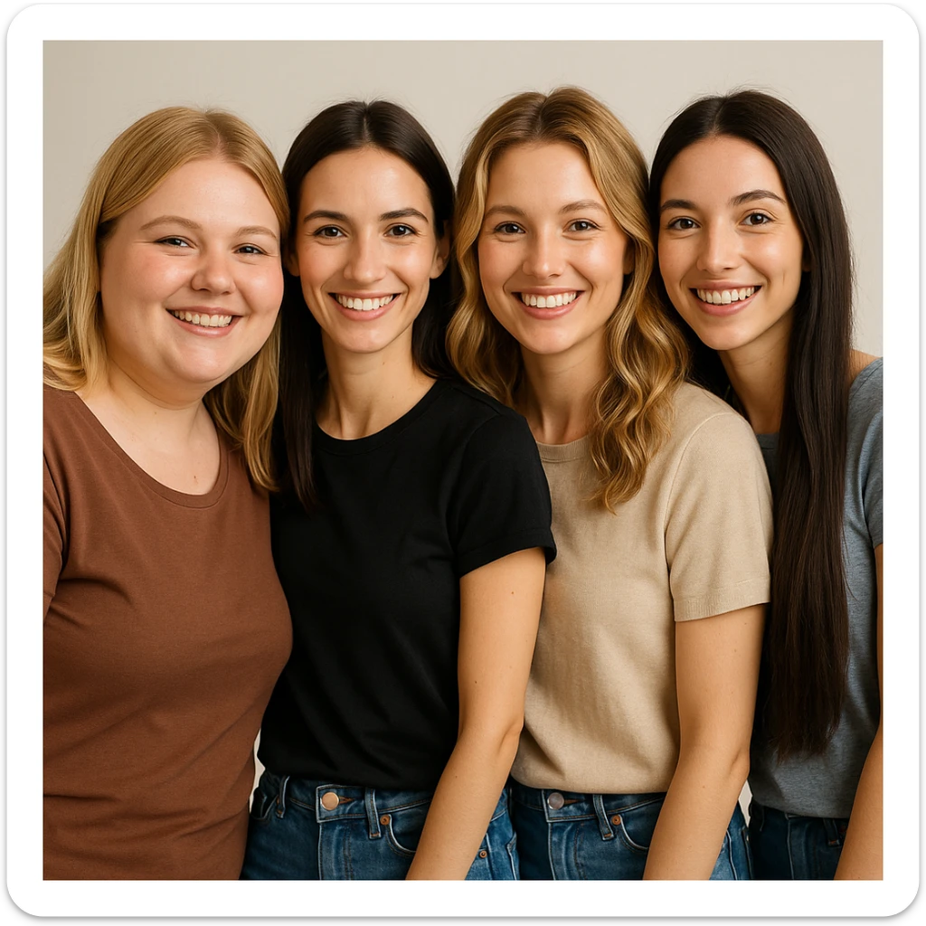 portrait of four young female friends, 25 years old, waist up, each with distinct features: chubby blonde with cheeks, slim brunette, normal weight blonde with wavy hair, slim brunette with very long hair; casual clothing, light background, smiling expressions, friendly atmosphere sticker