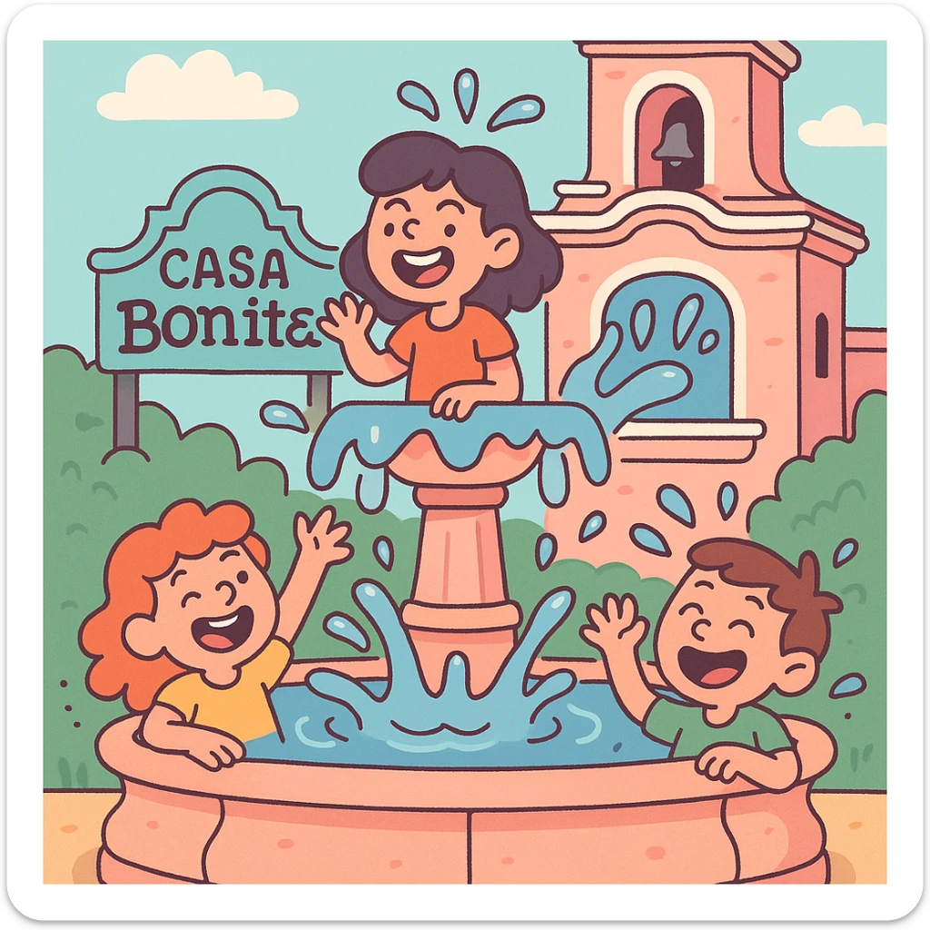 Casa Bonita Fountain, stylized, pastel colors, playful, cartoonish, water feature sticker
