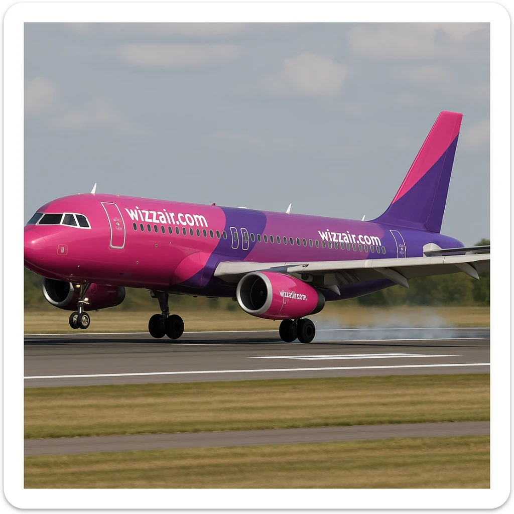 Wizz Air Airbus A320, landing, pink and purple livery, runway visible sticker