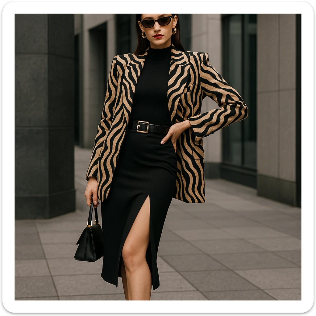 a fashionable girl with thin eyebrows, straight dark hair, prominent lips, and a curvy silhouette, dressed in trendy high-fashion attire sticker