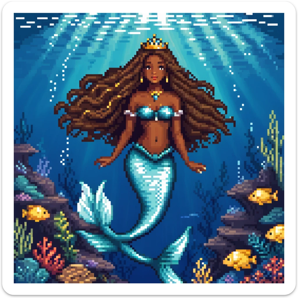 Dark brown skin mermaid princess with long flowing hair and royal accessories in deep blue ocean sticker