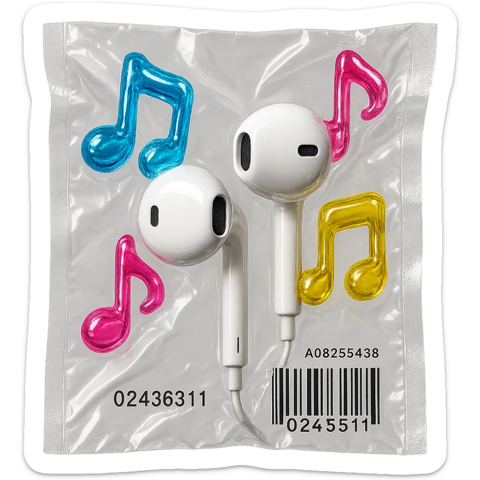 pair of white EarPods with three floating glass music notes in blue, pink, and yellow, shiny and puffy sticker