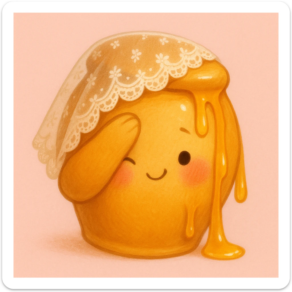 shy honeypot peeking from behind its arm, lace veil, rosy cheeks, gentle smile, honey drips gently, blush pink background sticker