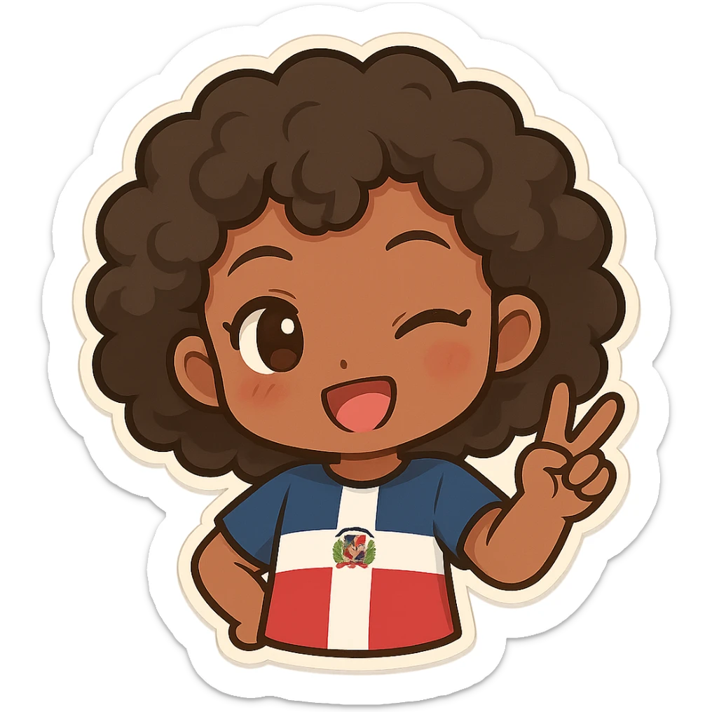 chibi emoji of a Dominican character with curly hair and brown skin, winking sticker