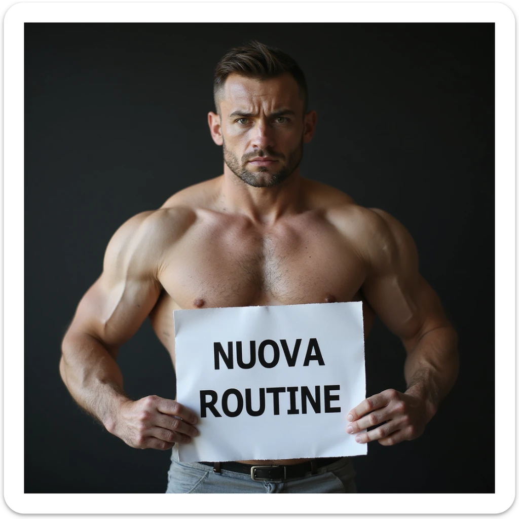 hyperrealistic 4K image of a sad muscular fitness man holding a sheet with the text 'NUOVA ROUTINE', no background, variation 18 sticker