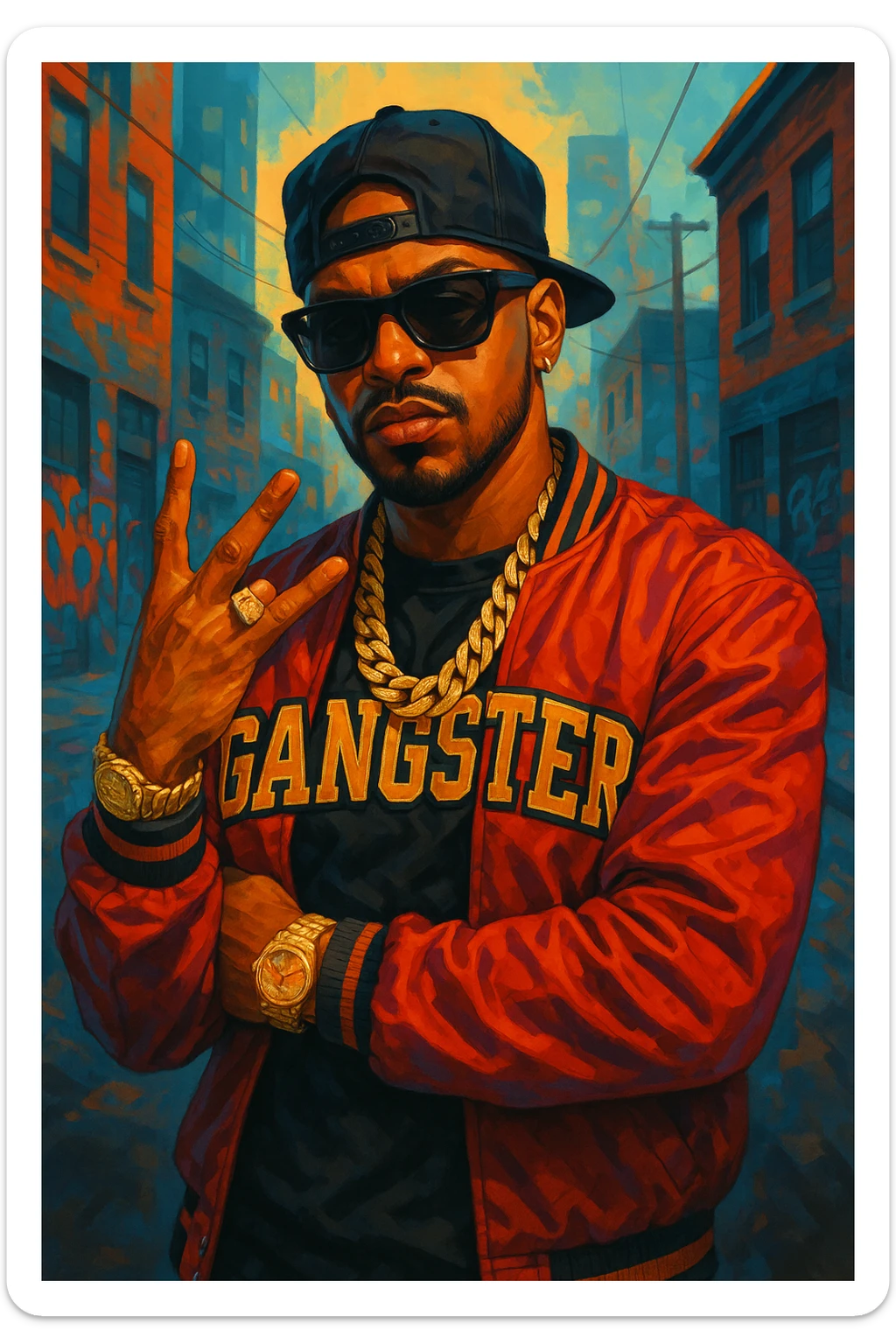 gangster character, modern hip-hop style, sunglasses, flashy jewelry sticker