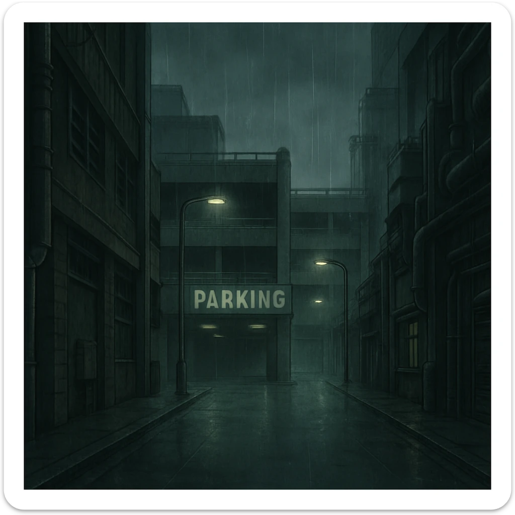 a dark, drab industrial street, dim lights, thick fog and rain. no cars. parking structure. pre-twilight gray. dystopian futurepunk, but the streets are clean sticker
