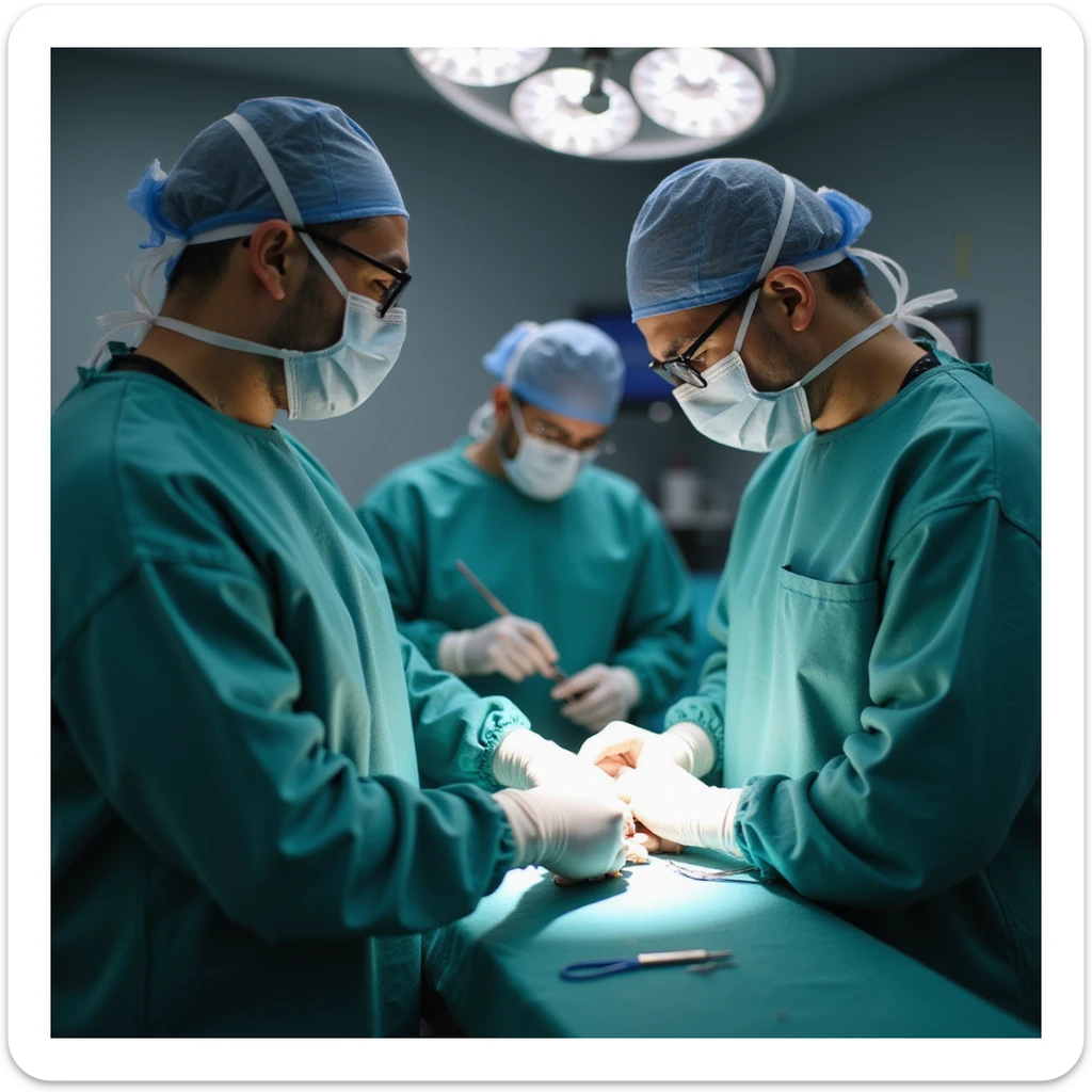 operating room: close-up of surgeon repairing wrist ligaments of a man, medical team in background, atmosphere of precision and professionalism, 4K quality sticker